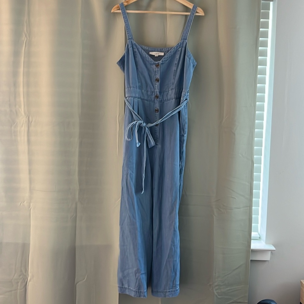 LOFT Light Blue Denim Jumpsuit with Tie Waist